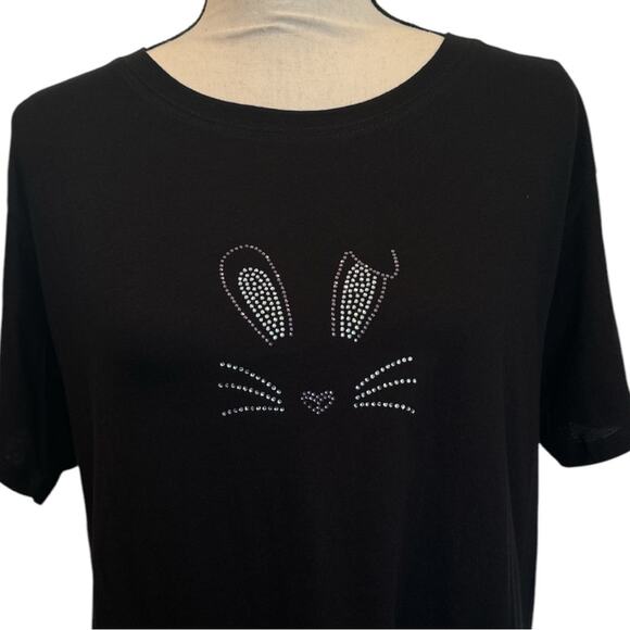 Rhinestone Bling Easter Bunny T-Shirt Short Sleeve Black Tee NEW Sparkly! - Picture 1 of 4